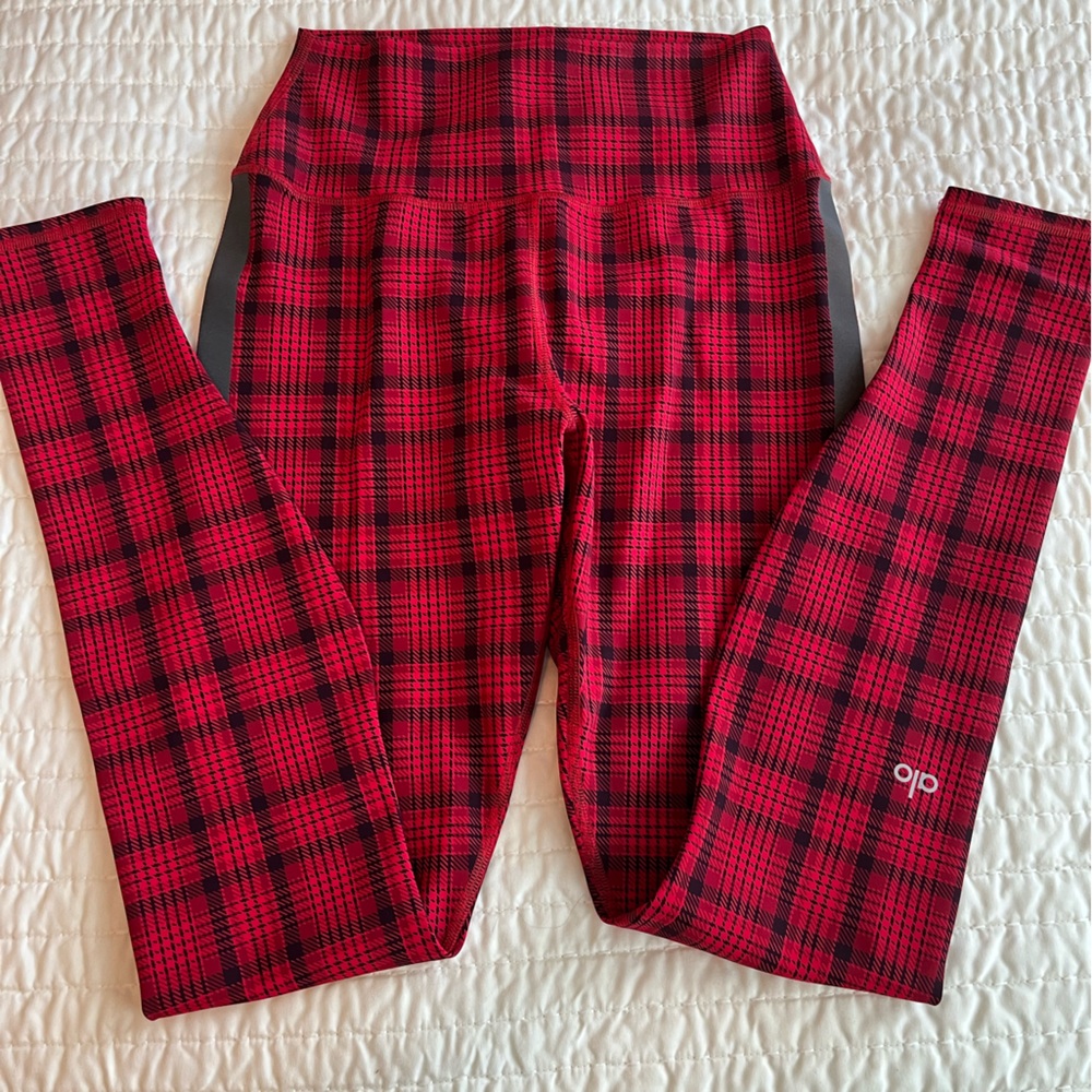 Red plaid ALO Yoga leggings with racing stripe size S small Christmas vibes